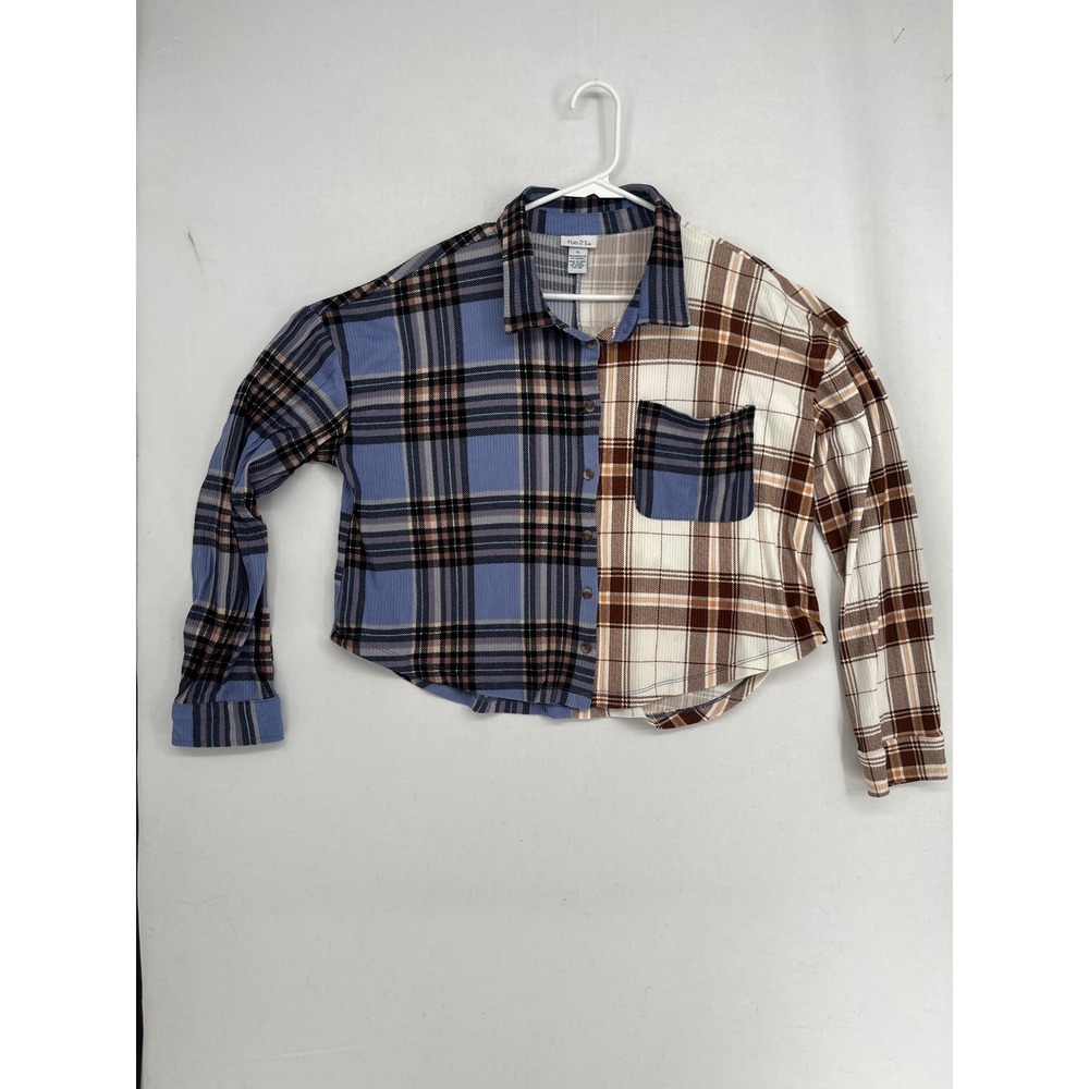 rue21 Plaid Colorblock Button Up Shirt Ribbed Knit Cropped Top Blue Brown XL